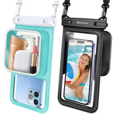 Niveaya vista frontal de la funda impermeable protegiendo el móvil