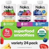 NOKA frente del paquete 24pk mostrando variedad de sabores y beneficios