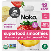 NOKA empaque frontal fresa plátano mostrando sabor y pack de 12