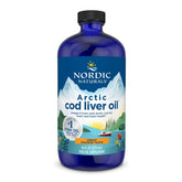 Nordic Naturals frente del envase de Arctic Cod Liver Oil con información visible y beneficio de omega‑3