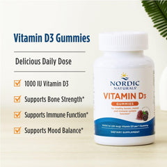 Detalle de la textura y color de gomita Nordic Naturals, muestra sabor wild berry apetecible