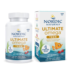 Nordic Naturals frasco frontal mostrando cápsulas y sabor fresa, fácil identificación