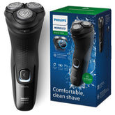 Philips Norelco vista frontal del embalaje mostrando diseño y color Deep Black, facilidad de uso