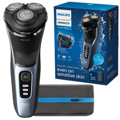 Philips Norelco 3600 frontal en Storm Blue mostrando diseño moderno y control