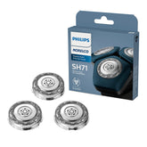 Norelco pack frontal SH71 mostrando los tres cabezales originales y beneficios de rendimiento