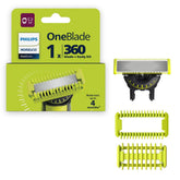 Norelco OneBlade 360 frontal con embalaje, muestra compatibilidad y facilidad