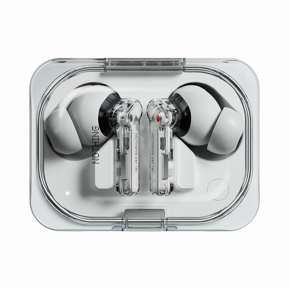 Nothing Ear (a) vista frontal en blanco mostrando diseño compacto y confort