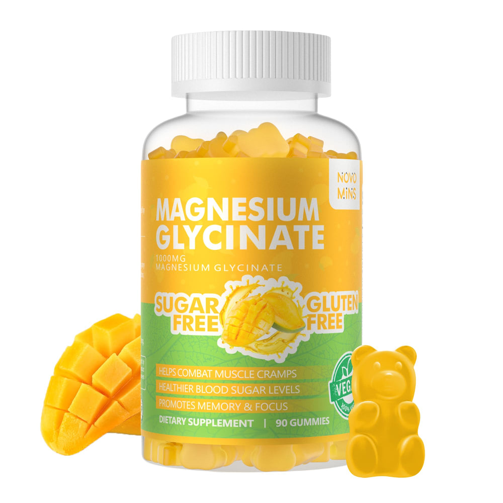 Novomins frasco delantero mango piña mostrando 90 gomitas y claridad del envase