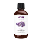 NOW Aceite de lavanda frente del envase mostrando presentación 4 fl. oz y claridad
