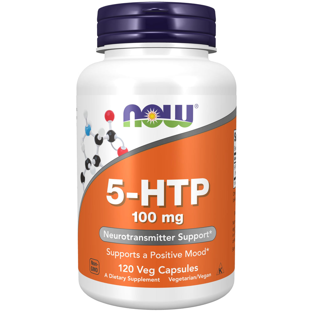 NOW Foods envase frontal del 5-HTP mostrando 120 cápsulas y beneficios de calidad