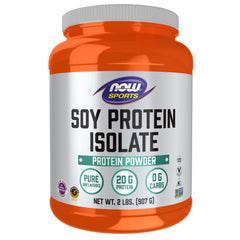 NOW Foods envase frontal del aislado de soja mostrando la marca y beneficio proteico
