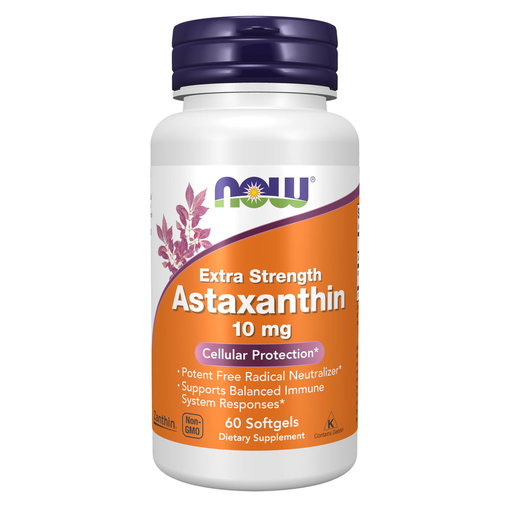 NOW Foods frasco frontal del suplemento astaxantina 10 mg, envase visible y claro