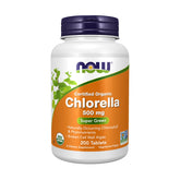 NOW Foods frasco frontal de Chlorella mostrando presentación de 200 tabletas y claridad de marca