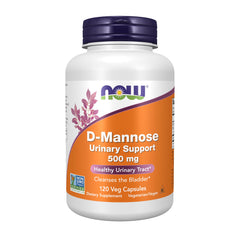 NOW Foods envase frontal de D-Mannose 500 mg mostrando beneficio para salud urinaria