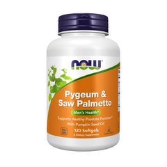 NOW Foods frasco delantero del suplemento pygeum y saw palmetto con beneficio de apoyo prostático