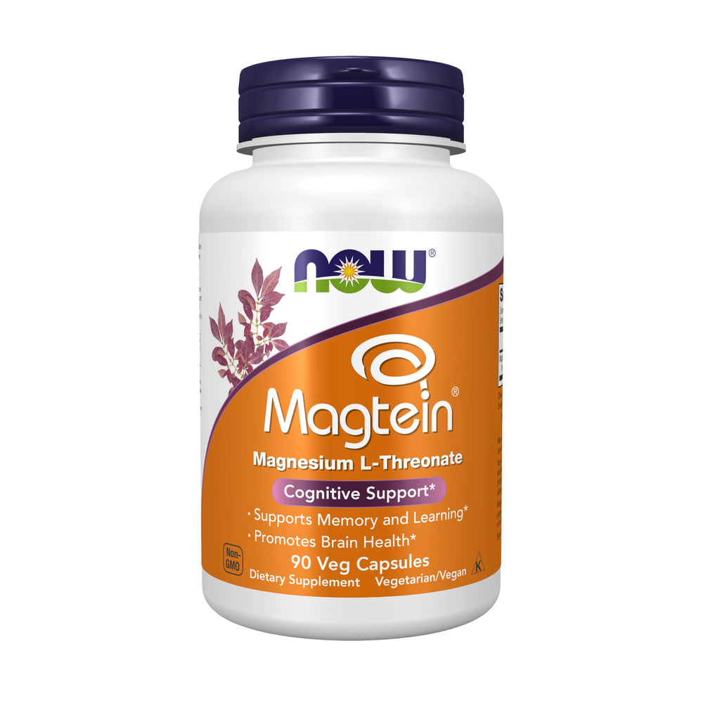 NOW Foods frasco frontal Magtein mostrando la etiqueta y beneficios clave