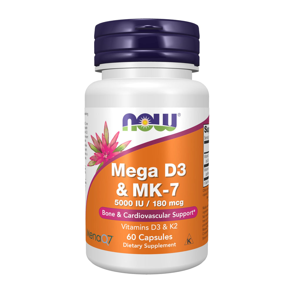 NOW Foods frasco frontal Mega D‑3 & MK‑7 mostrando dosificación clara