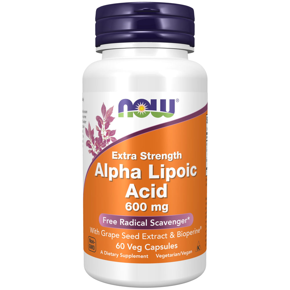 NOW Foods envase frontal de Alpha Lipoic Acid 600 mg mostrando beneficios