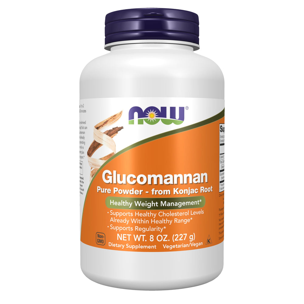 NOW Foods envase frontal de glucomannan en polvo con diseño claro y cantidad