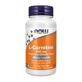 NOW Foods envase frontal de L-Carnitine 500 mg mostrando etiqueta clara y beneficio
