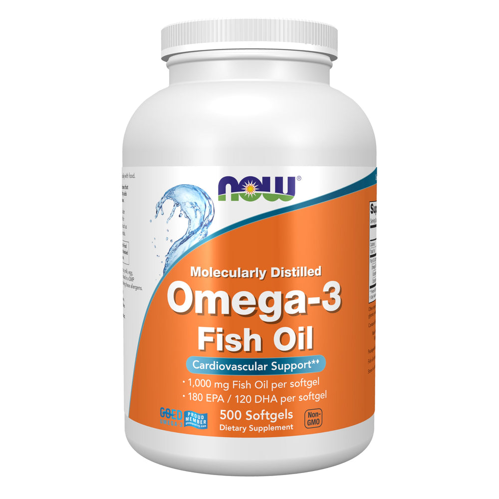 NOW Foods frasco frontal de Omega-3 con 500 cápsulas, alta pureza