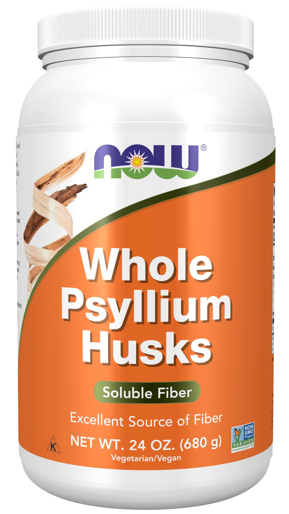 NOW Foods envase frontal de psyllium husks mostrando tamaño y marca, conveniencia