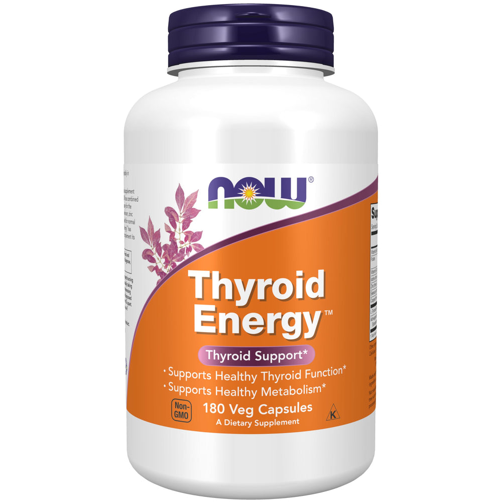 NOW Foods frasco frontal mostrando Thyroid Energy y 180 cápsulas, convenientemente empaquetado