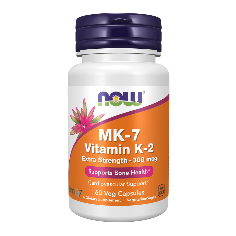 NOW Foods envase frontal mostrando K2 300 mcg y beneficios