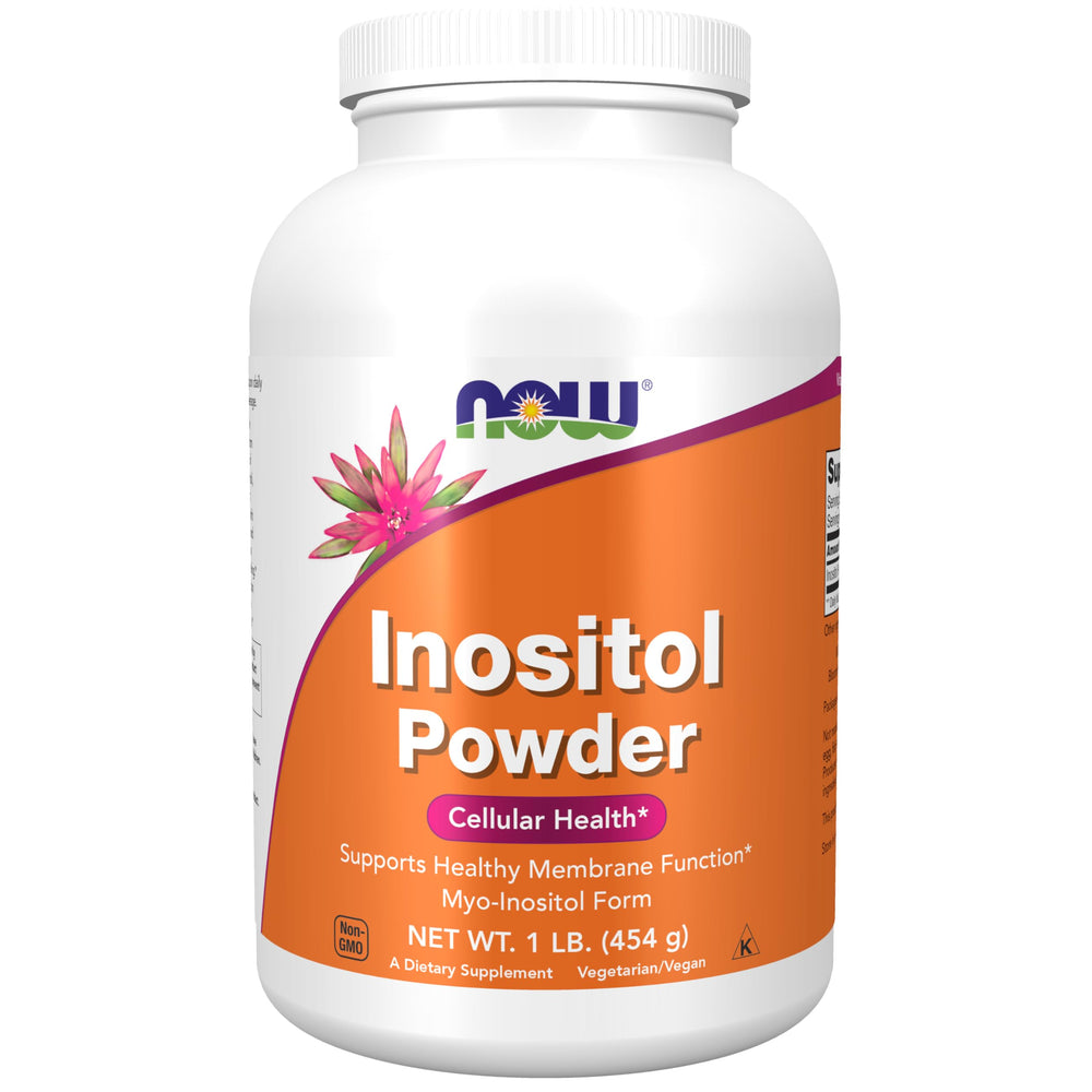 NOW Foods envase frontal de inositol en polvo mostrando etiqueta y beneficios