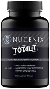 Nugenix Total-T vista frontal mostrando el envase y beneficios de energía
