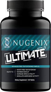 Nugenix Ultimate frente del envase mostrando 120 tabletas y beneficios visibles