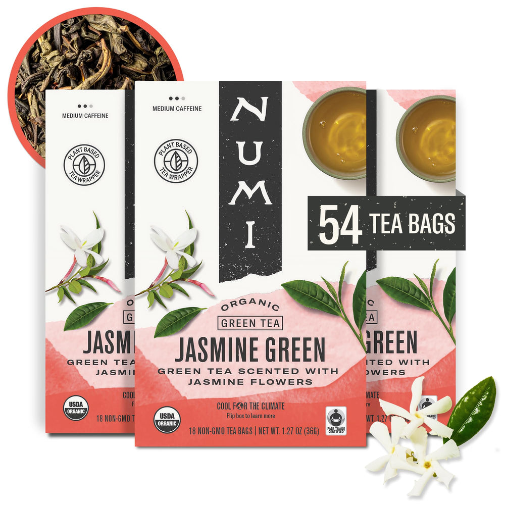 Numi empaquetado frontal con jazmín, muestra compromiso orgánico y aroma real