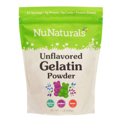 NuNaturals front packaging showing 1 lb gelatin and clear ingredient list benefit