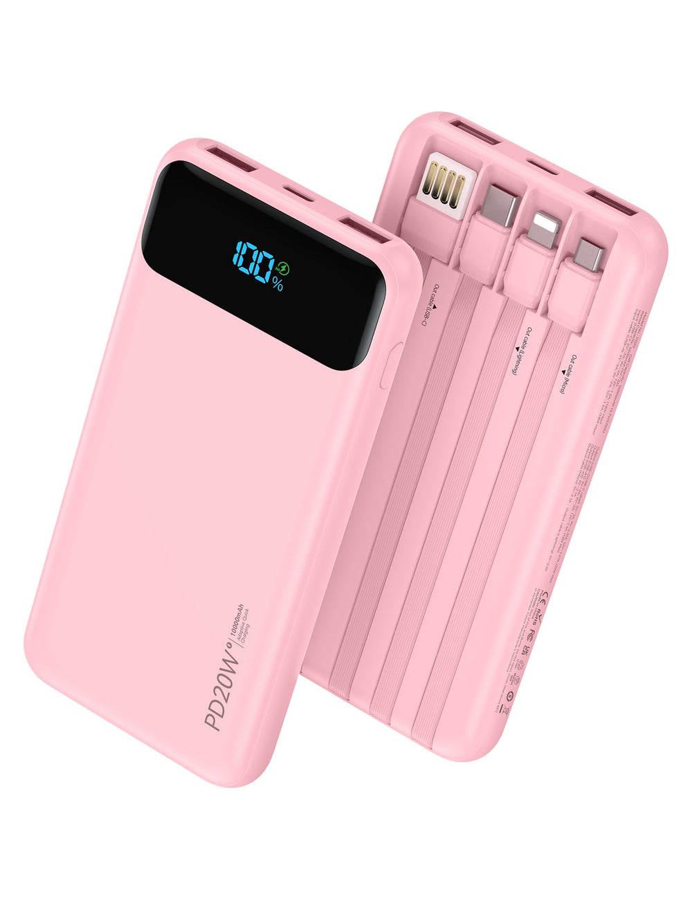Nusyddy vista frontal del cargador rosa mostrando diseño compacto y beneficios portátiles