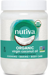 Nutiva frente del envase mostrando la marca y volumen, ideal para cocina
