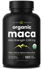 NutraChamps frasco frontal de maca orgánica mostrando 180 cápsulas y beneficios
