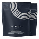 Nutrafol envase frontal mostrando diseño y dosis recomendada, promueve confianza
