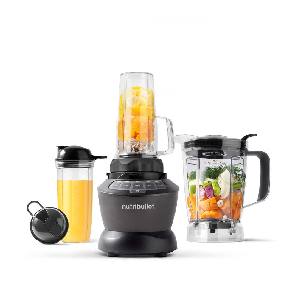 NutriBullet vista frontal del combo mostrando jarra y tazas, versatilidad inmediata