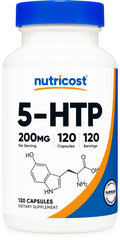 Nutricost 5-HTP frasco frontal mostrando 120 cápsulas y sello de calidad