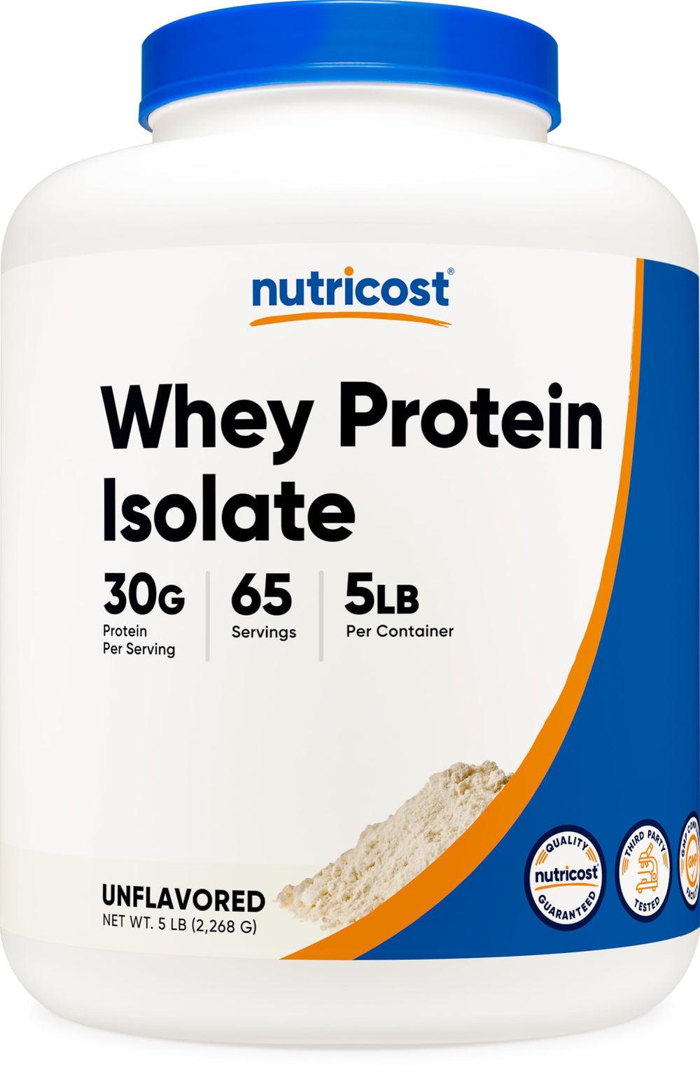 Nutricost bote frontal mostrando 5lbs y etiqueta clara beneficio pureza