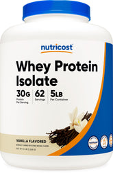 Nutricost envase frontal de Isolate Whey Vainilla mostrando etiqueta clara y beneficios