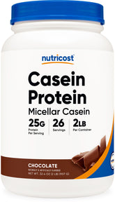 Nutricost envase frontal de casein protein 2lb chocolate mostrando diseño y tamaño
