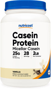 Nutricost envase frontal de casein vainilla mostrando etiqueta y tamaño