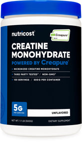 Nutricost Creapure envase frontal mostrando el tamaño y marca, claridad y confianza