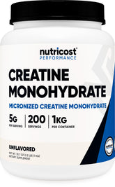 Nutricost creatina micronizada vista frontal con envase y tapa hermética beneficio pureza