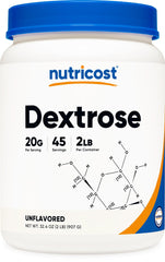 Nutricost envase frontal dextrose 2 lbs mostrando pureza y cantidad
