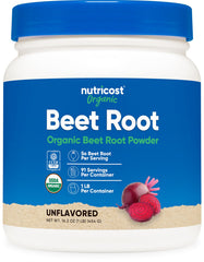 Nutricost envase frontal de remolacha orgánica mostrando etiqueta y beneficio de pureza
