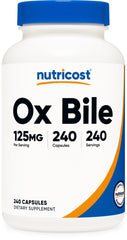 Nutricost frasco frontal Ox Bile 125 mg mostrando diseño y cantidad