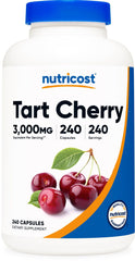 Nutricost frasco frontal de Tart Cherry con etiqueta clara y beneficios