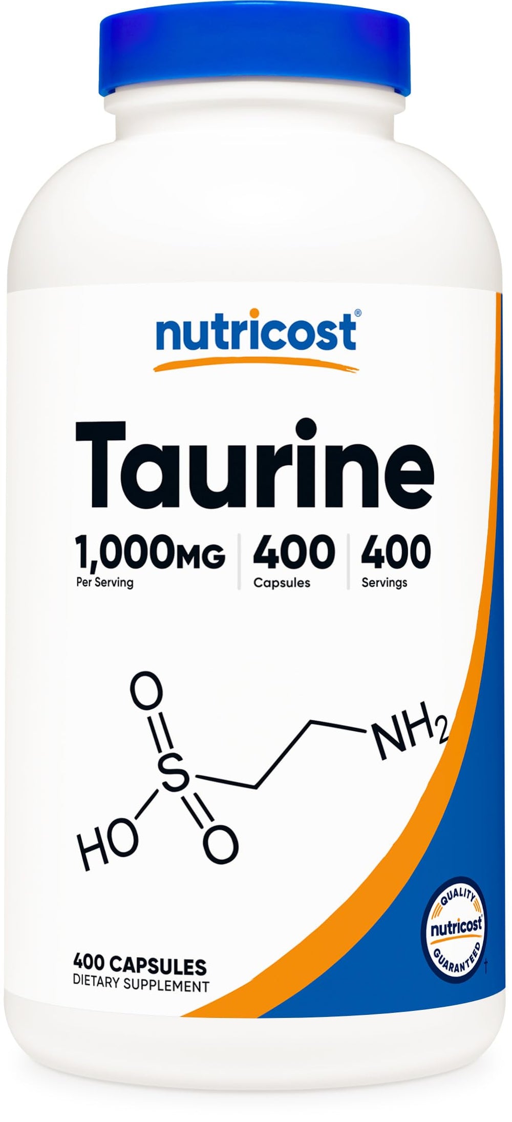 Nutricost frasco frontal de Taurine 1000 mg mostrando etiqueta y cantidad beneficiosa